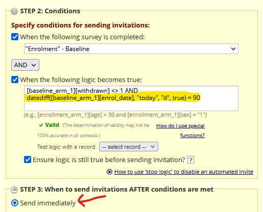 Screenshot of portion of REDCap's Automated Survey Invitations dialog