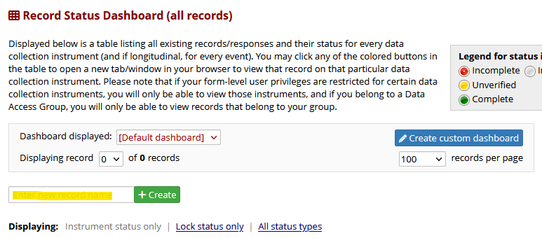 Screenshot of the REDCap Record Status Dashboard page