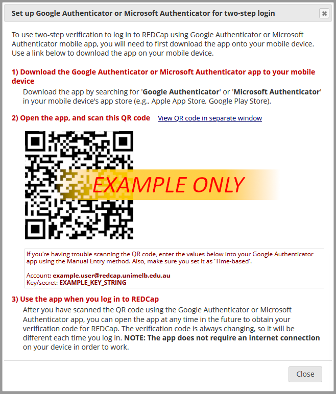 Screenshot of the REDCap authenticator registration dialog